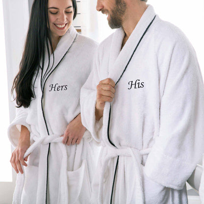 Cotton Embroidered Fluffy Bathrobe Adult Unisex Bath Robe White - Her