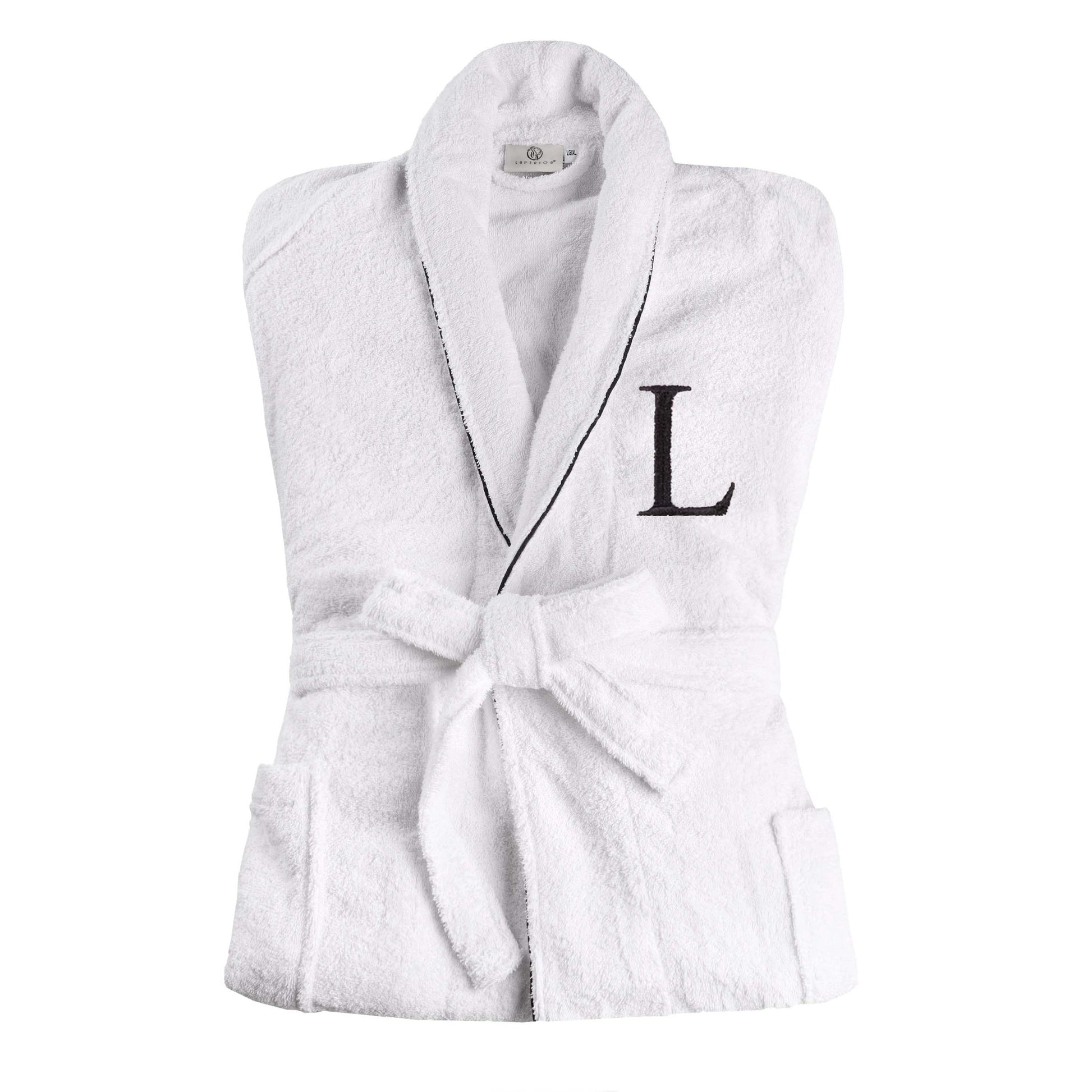 Cotton Adult Unisex Embroidered Fluffy Bathrobe White - Letter L