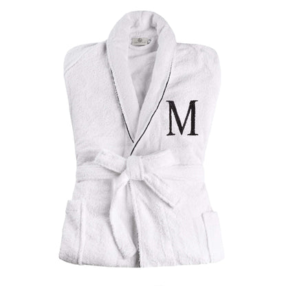 Cotton Adult Unisex Embroidered Fluffy Bathrobe White - Letter M