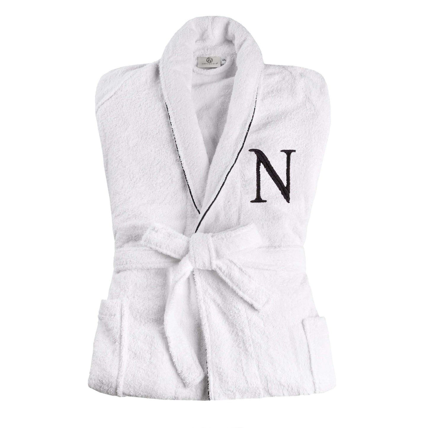 Cotton Adult Unisex Embroidered Fluffy Bathrobe White - Letter N