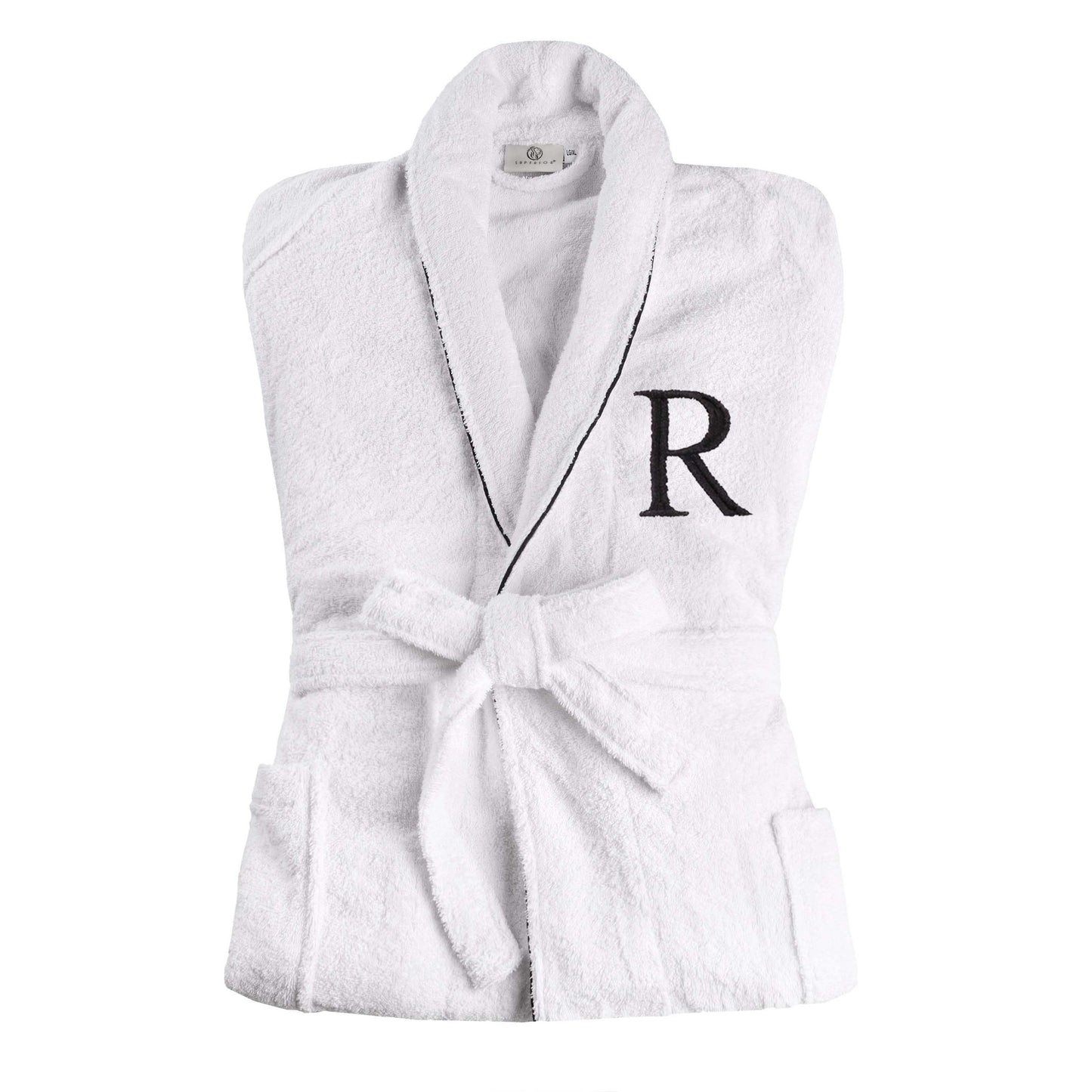 Cotton Adult Unisex Embroidered Fluffy Bathrobe White - Letter R