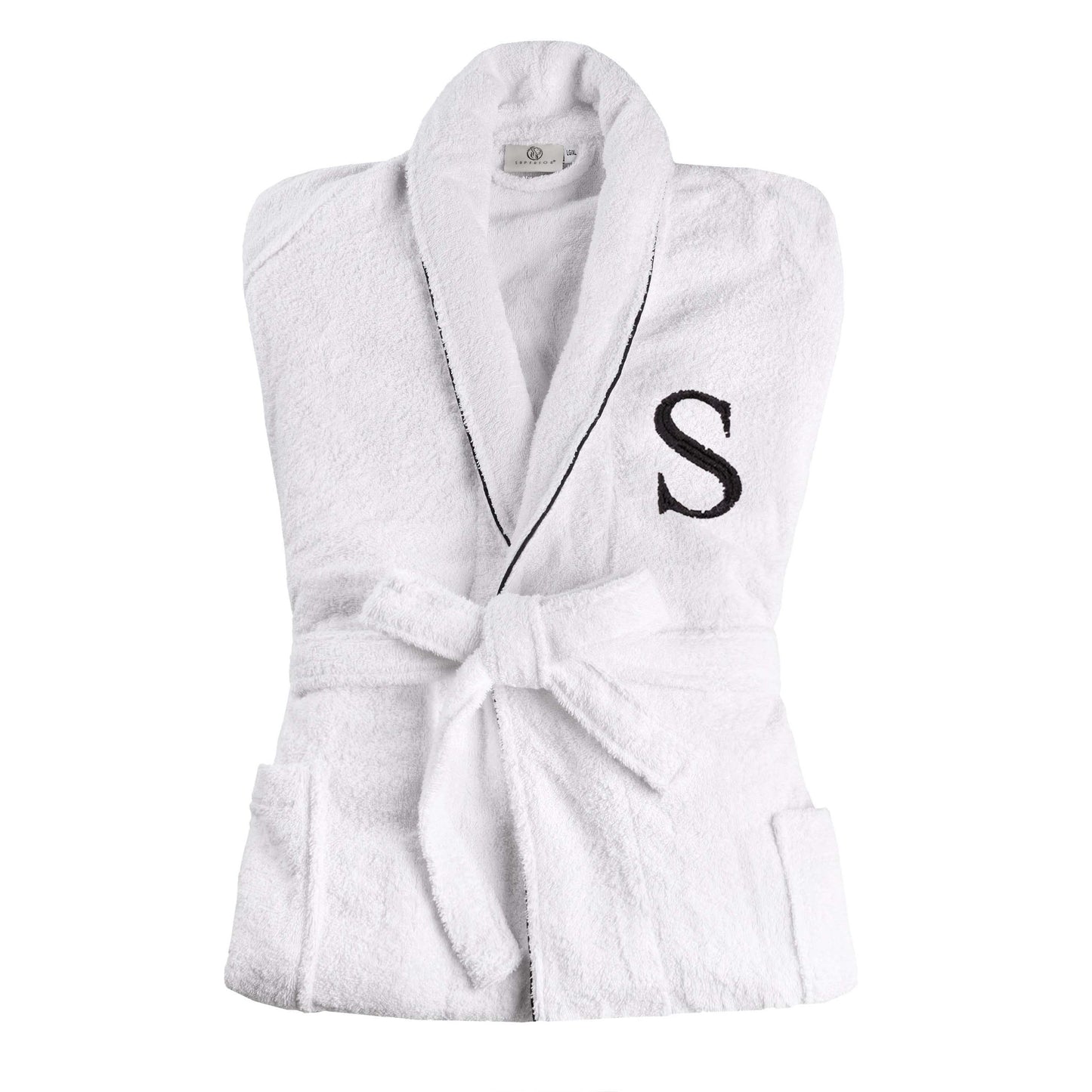 Cotton Adult Unisex Embroidered Fluffy Bathrobe White - Letter S