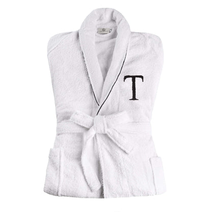 Cotton Adult Unisex Embroidered Fluffy Bathrobe White - Letter T