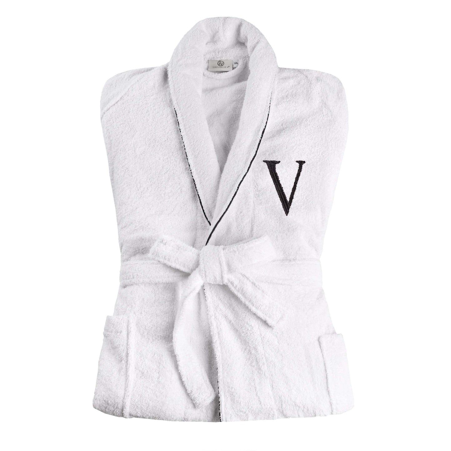 Cotton Adult Unisex Embroidered Fluffy Bathrobe White - Letter V