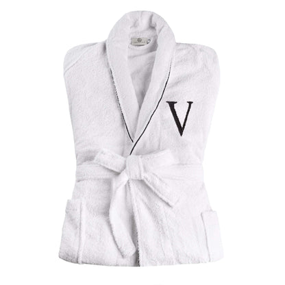 Cotton Adult Unisex Embroidered Fluffy Bathrobe White - Letter V