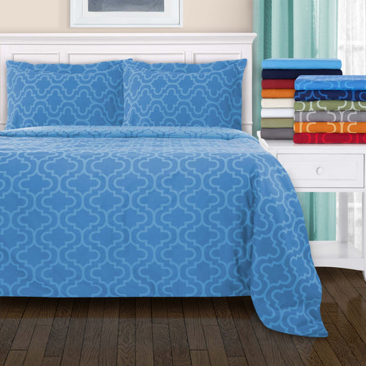 Cotton Flannel Solid Trellis Duvet Cover Set with Button Closure - Light Blue