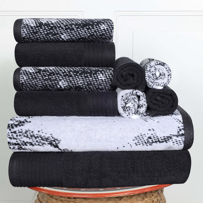 Cotton Marble and Solid Quick Dry 10 Piece Assorted Bathroom Towel Set - Black
