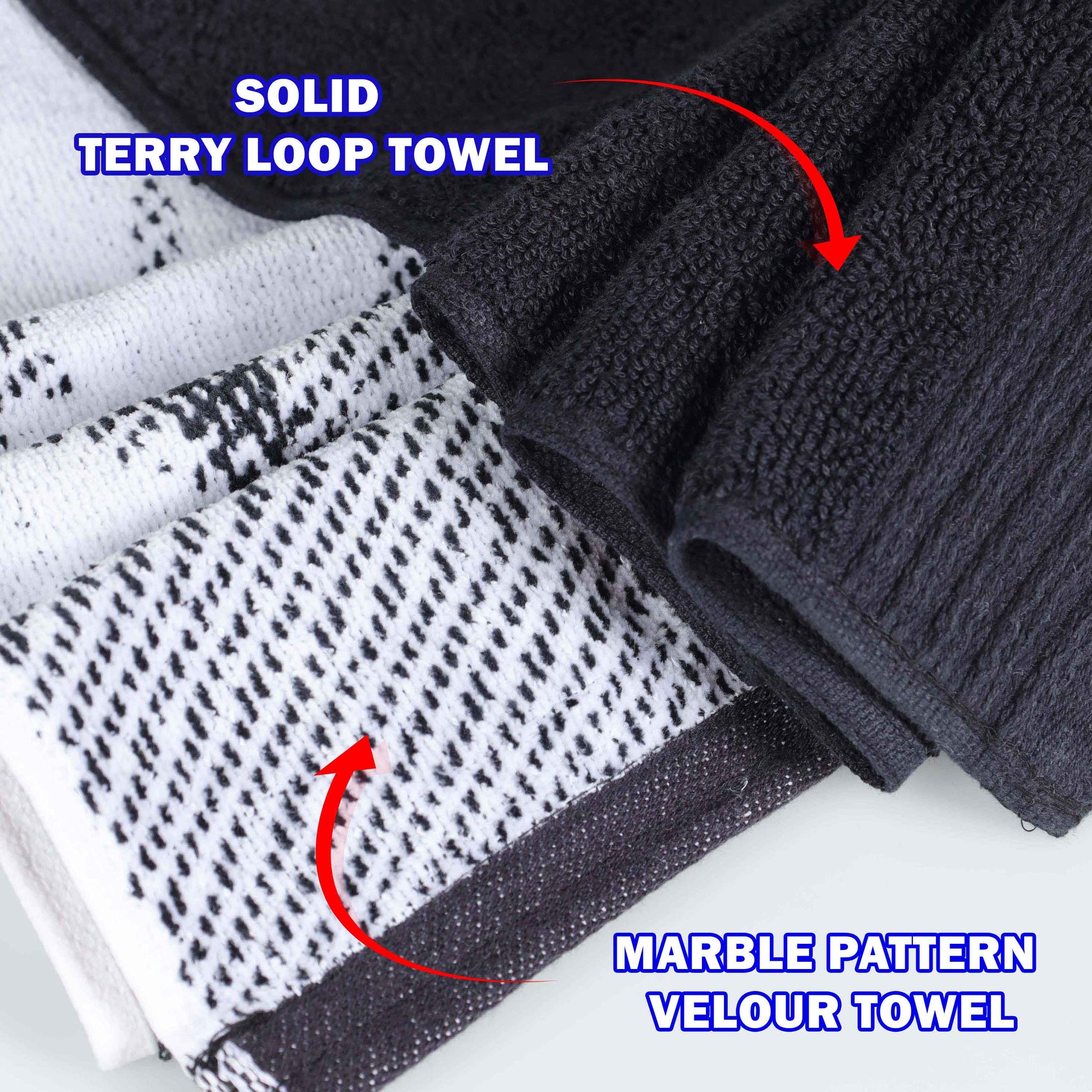 Cotton Marble and Solid Quick Dry 10 Piece Assorted Bathroom Towel Set - Black