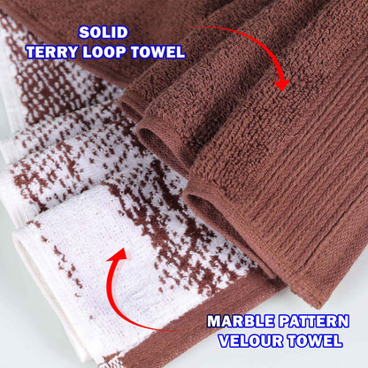 Cotton Marble and Solid Quick Dry 10 Piece Assorted Bathroom Towel Set - Brown