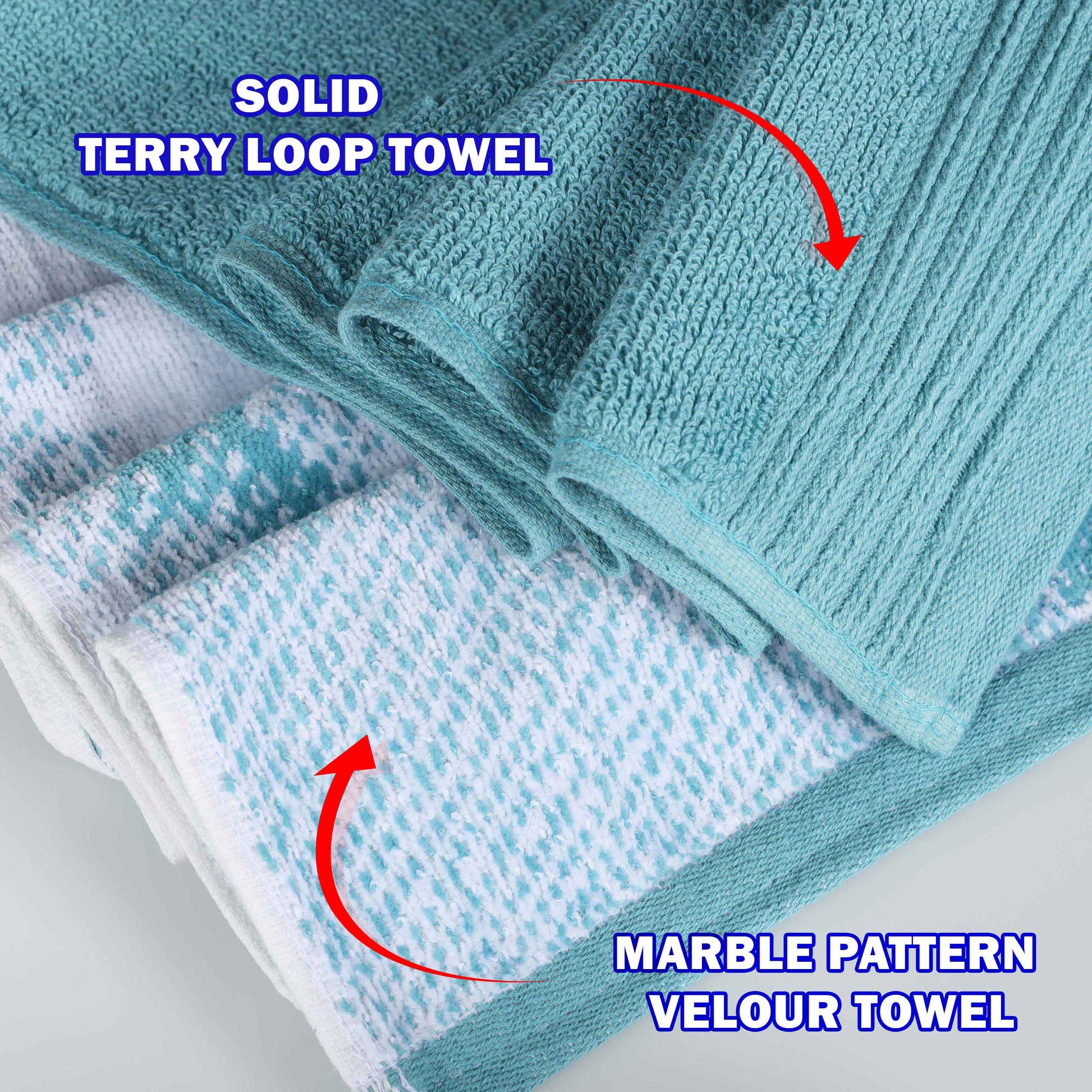 Cotton Marble and Solid Quick Dry 10 Piece Assorted Bathroom Towel Set - Cyan