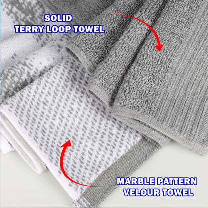 Cotton Marble and Solid Quick Dry 10 Piece Assorted Bathroom Towel Set - Gray