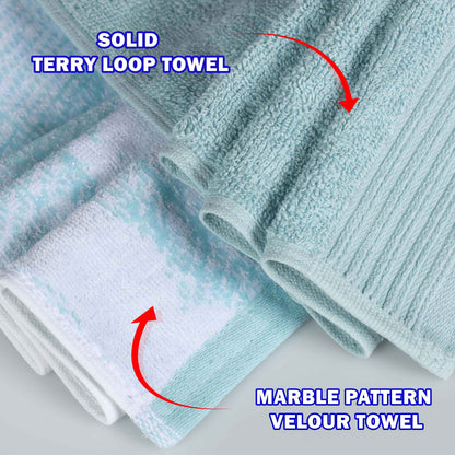 Cotton Marble and Solid Quick Dry 10 Piece Assorted Bathroom Towel Set - Teal