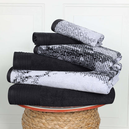 Cotton Marble and Solid Quick Dry 6 Piece Assorted Bathroom Towel Set - Black