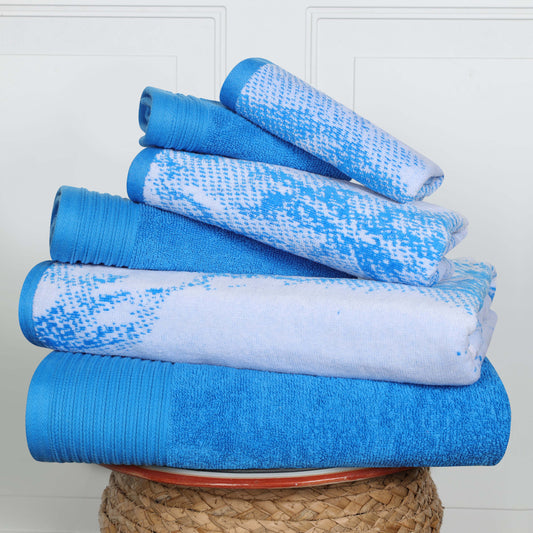 Cotton Marble and Solid Quick Dry 6 Piece Assorted Bathroom Towel Set - Blue