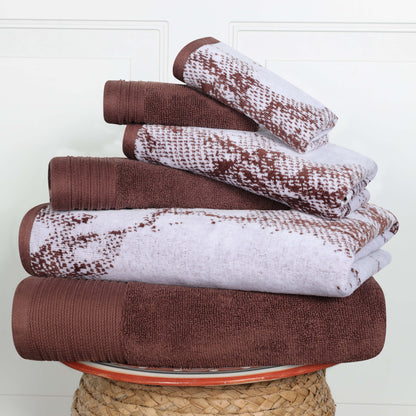 Cotton Marble and Solid Quick Dry 6 Piece Assorted Bathroom Towel Set - Brown