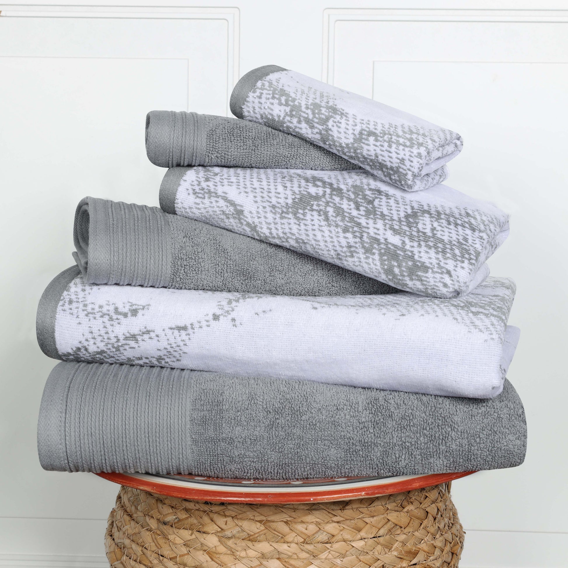 Cotton Marble and Solid Quick Dry 6 Piece Assorted Bathroom Towel Set - Gray