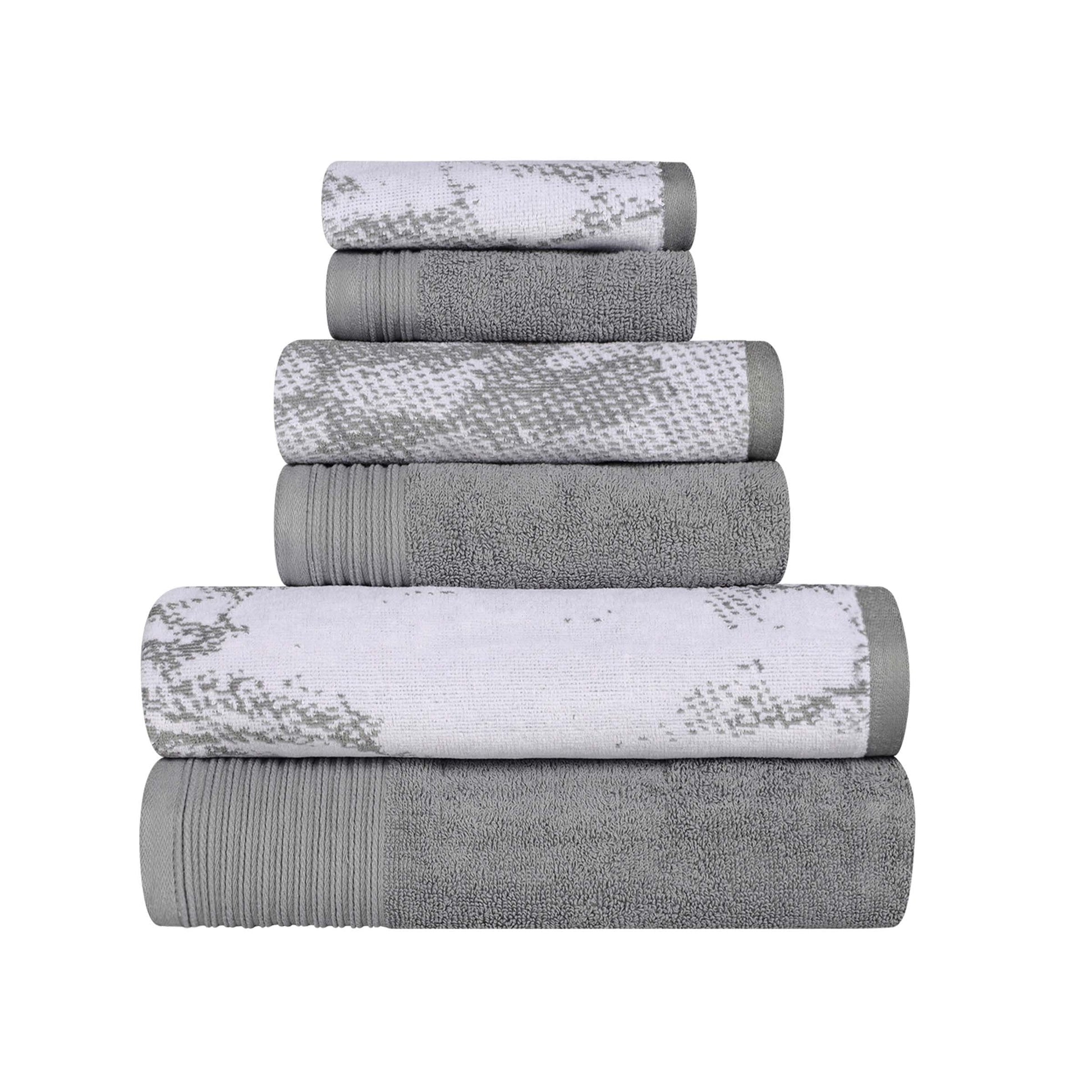 Cotton Marble and Solid Quick Dry 6 Piece Assorted Bathroom Towel Set - Gray