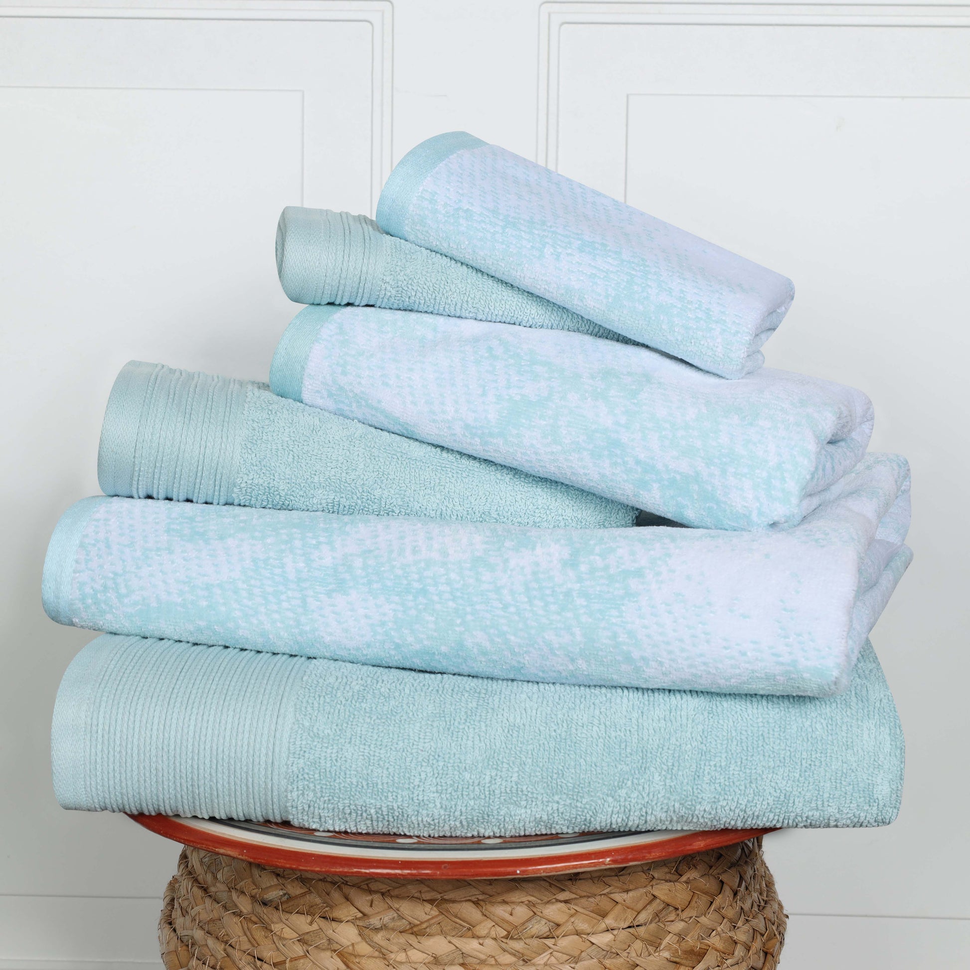 Cotton Marble and Solid Quick Dry 6 Piece Assorted Bathroom Towel Set - Teal