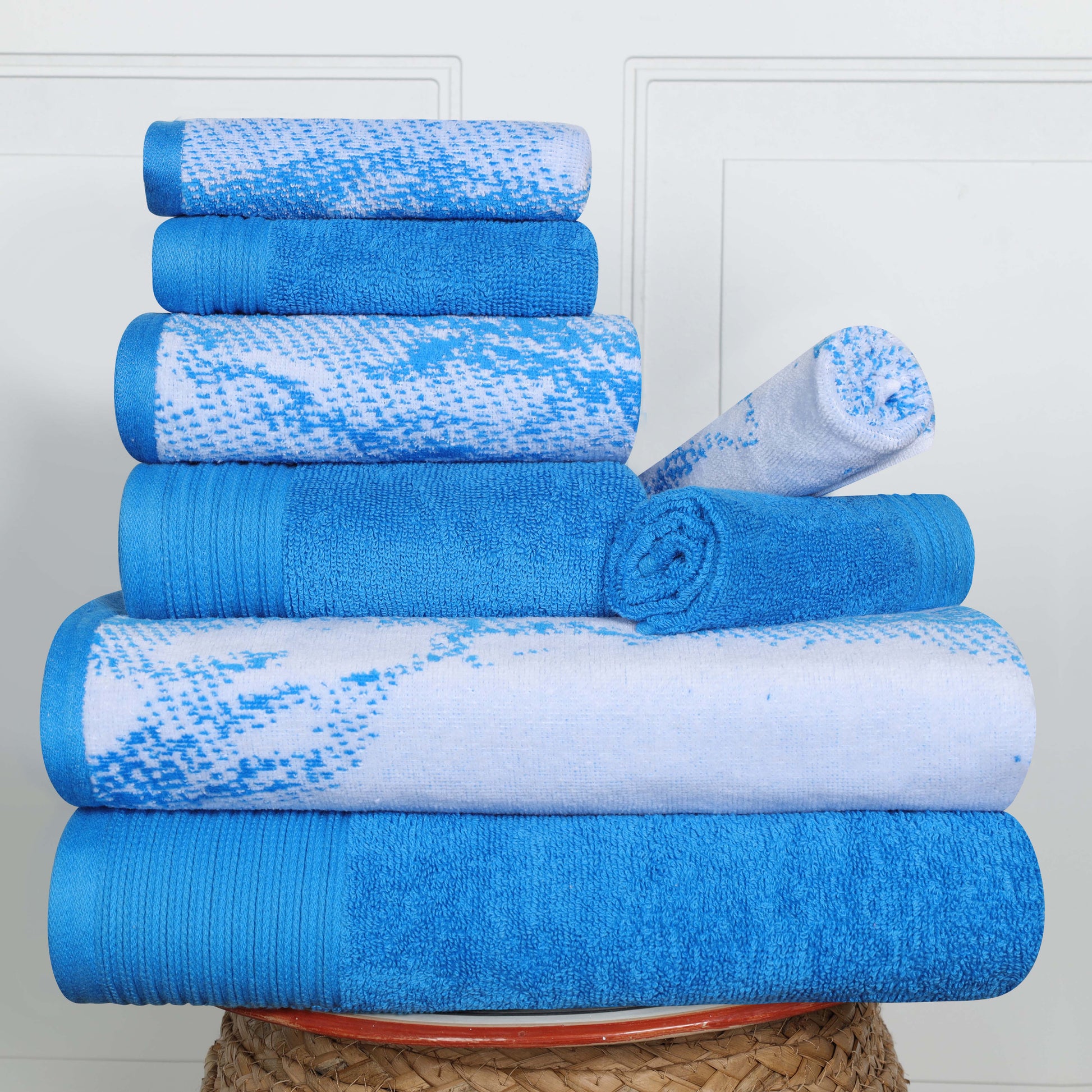 Cotton Marble and Solid Quick Dry 8 Piece Assorted Bathroom Towel Set - Blue