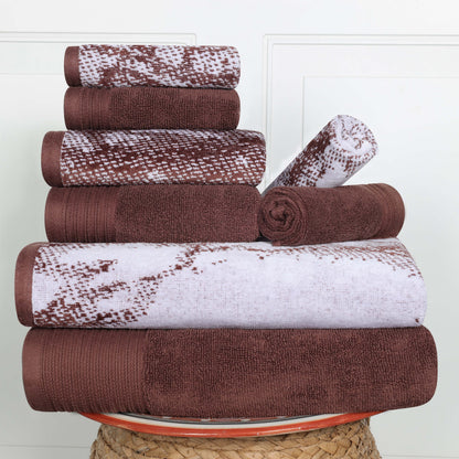 Cotton Marble and Solid Quick Dry 8 Piece Assorted Bathroom Towel Set - Brown