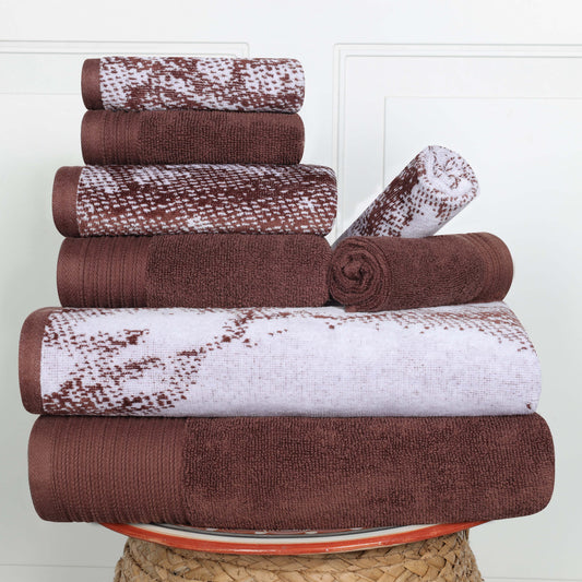 Cotton Marble and Solid Quick Dry 8 Piece Assorted Bathroom Towel Set - Brown