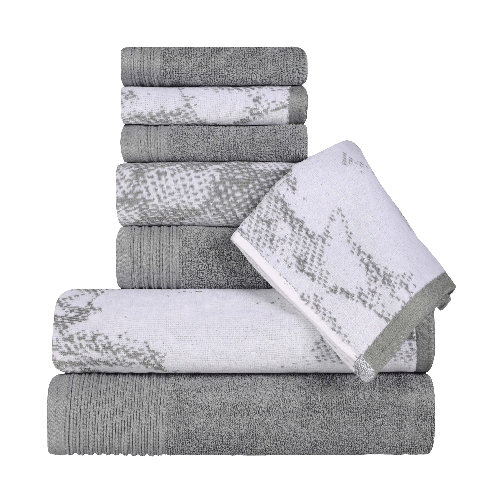 Cotton Marble and Solid Quick Dry 8 Piece Assorted Bathroom Towel Set - Gray