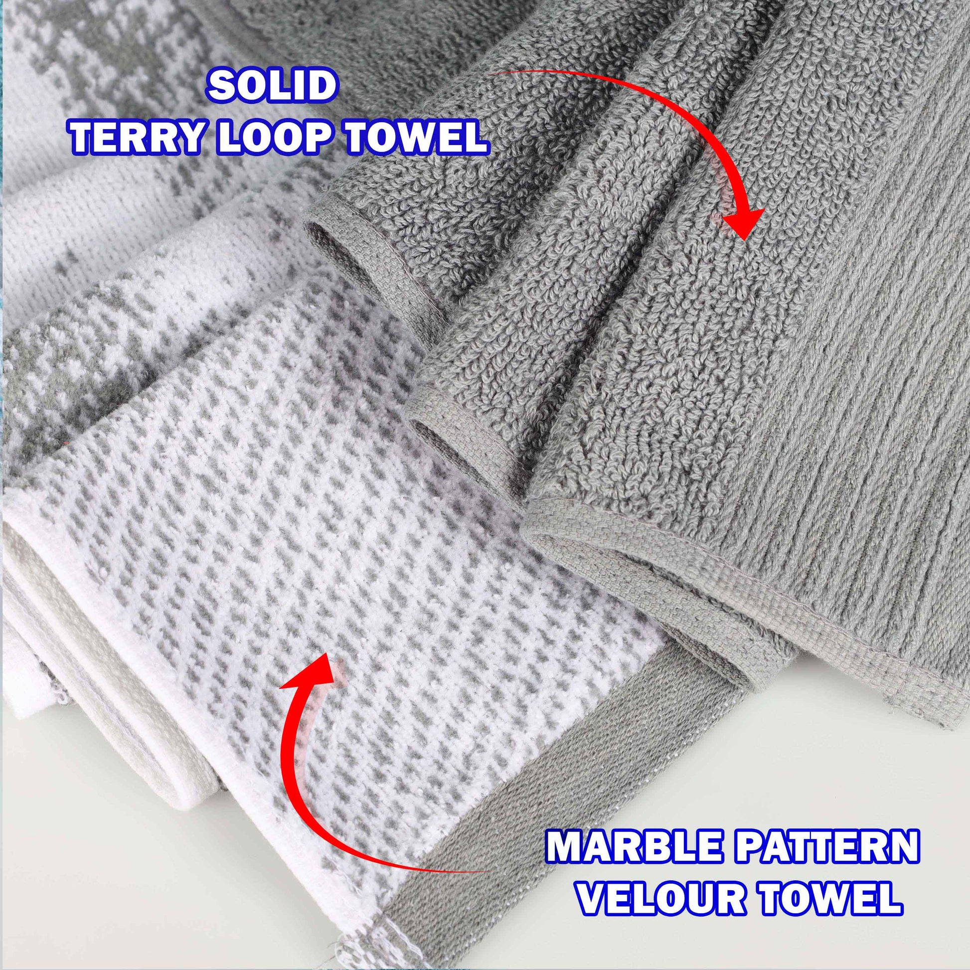 Cotton Marble and Solid Quick Dry 8 Piece Assorted Bathroom Towel Set - Gray