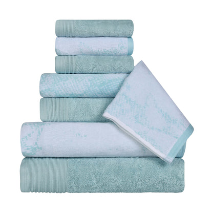 Cotton Marble and Solid Quick Dry 8 Piece Assorted Bathroom Towel Set - Teal