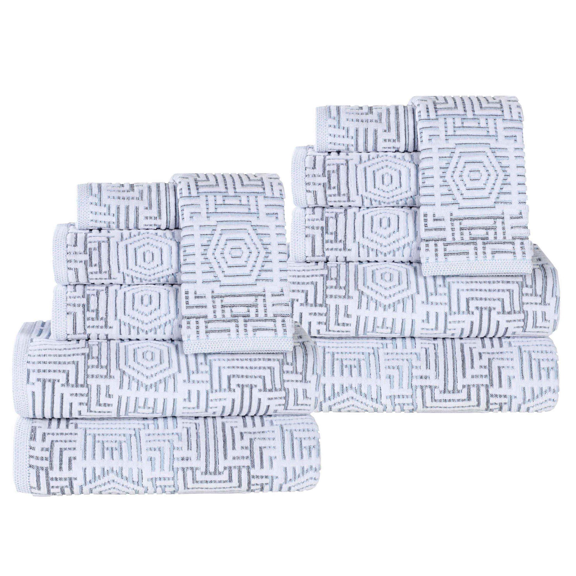 Cotton Modern Geometric Jacquard Plush Absorbent 12 Piece Towel Set - Blue