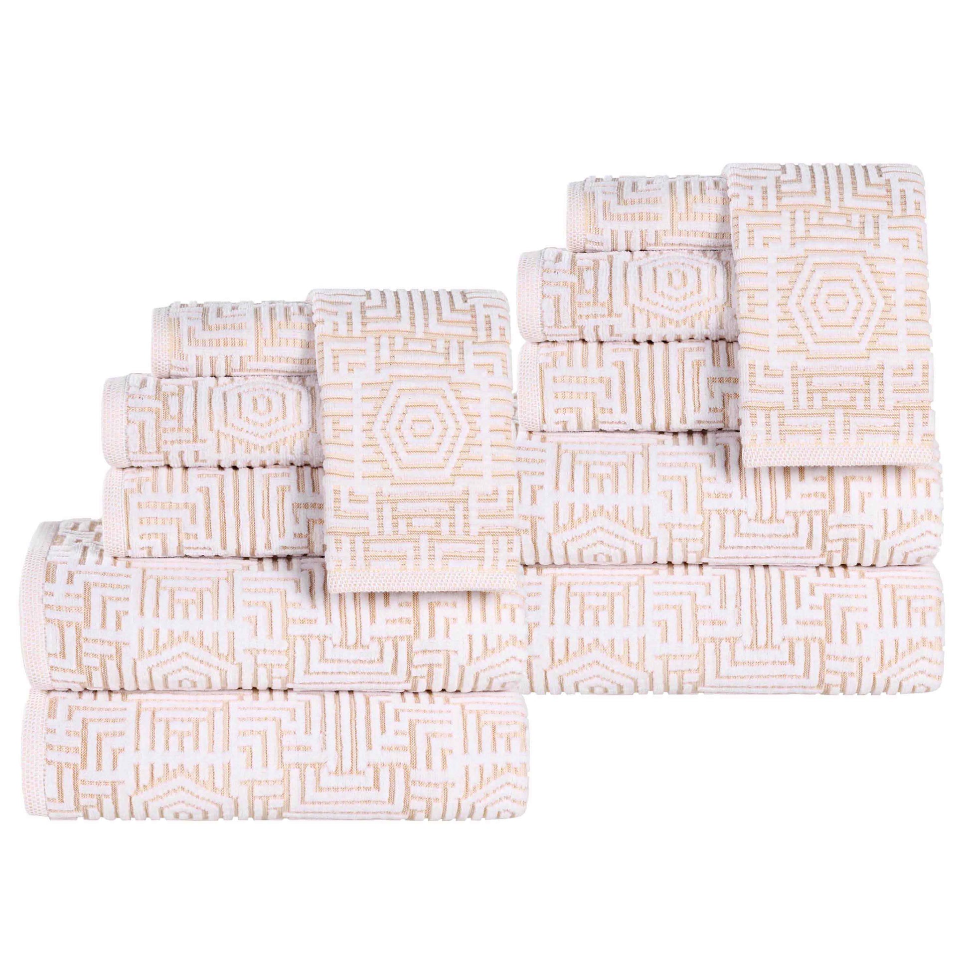 Cotton Modern Geometric Jacquard Plush Absorbent 12 Piece Towel Set - Gold