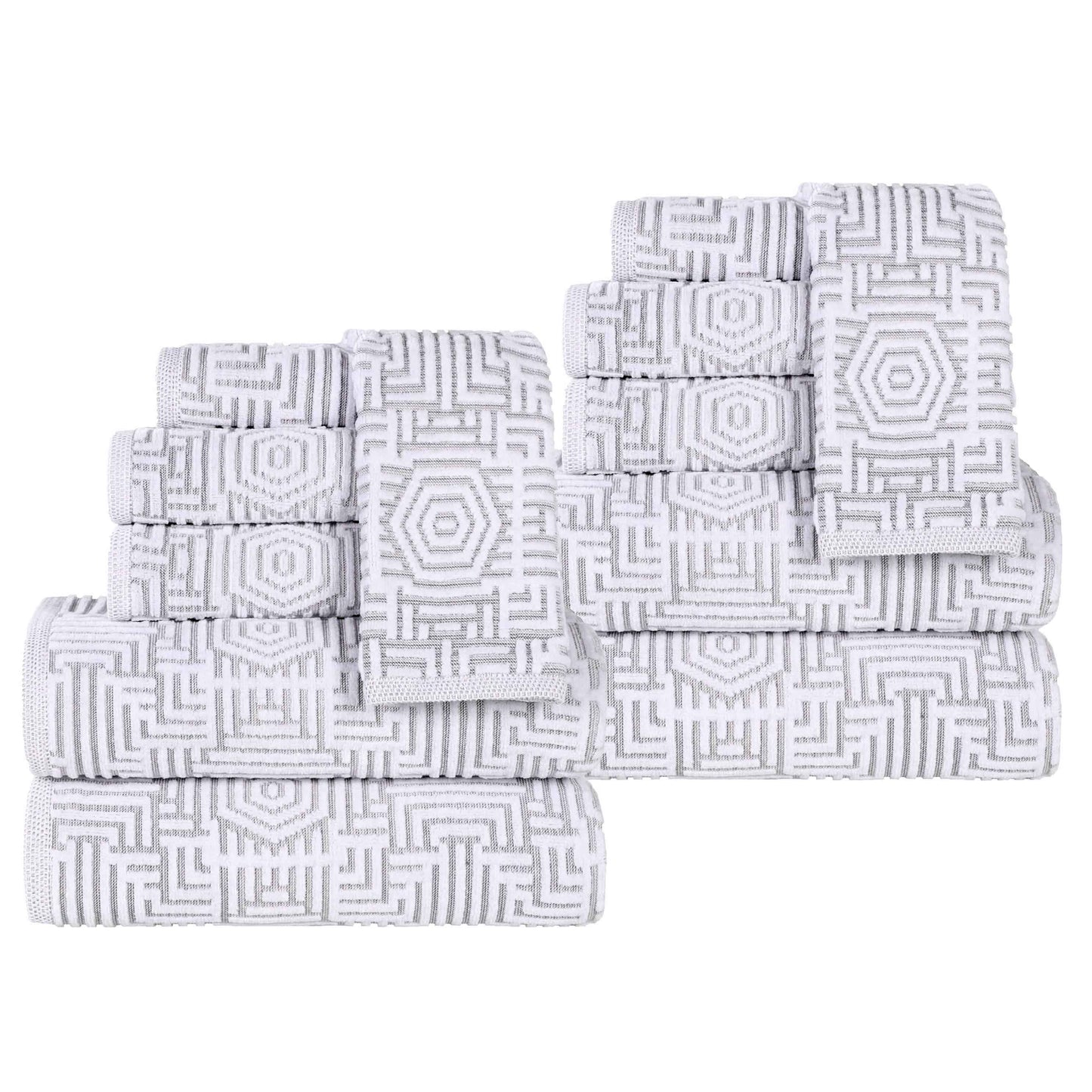 Cotton Modern Geometric Jacquard Plush Absorbent 12 Piece Towel Set - Platinum