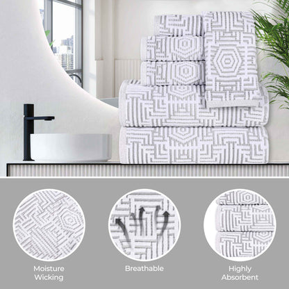 Cotton Modern Geometric Jacquard Plush Absorbent 12 Piece Towel Set - Platinum