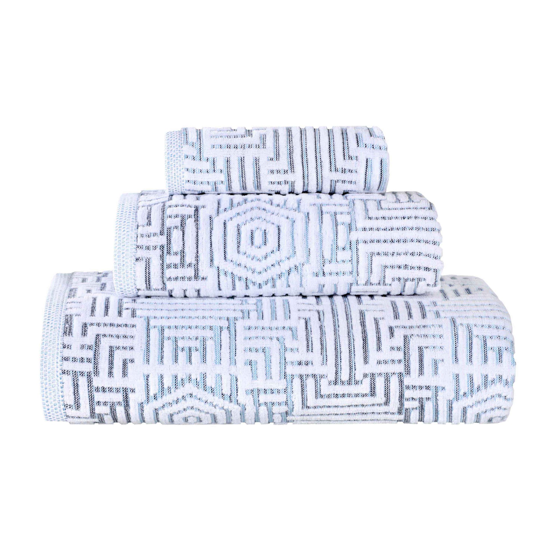 Cotton Modern Geometric Jacquard Plush Absorbent 3-Piece Towel Set - Blue