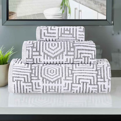 Cotton Modern Geometric Jacquard Plush Absorbent 3-Piece Towel Set - Charcoal