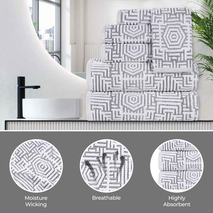 Cotton Modern Geometric Jacquard Plush Absorbent 3-Piece Towel Set - Charcoal