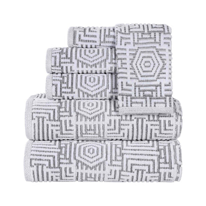 Cotton Modern Geometric Jacquard Plush Absorbent 6 Piece Towel Set - Charcoal