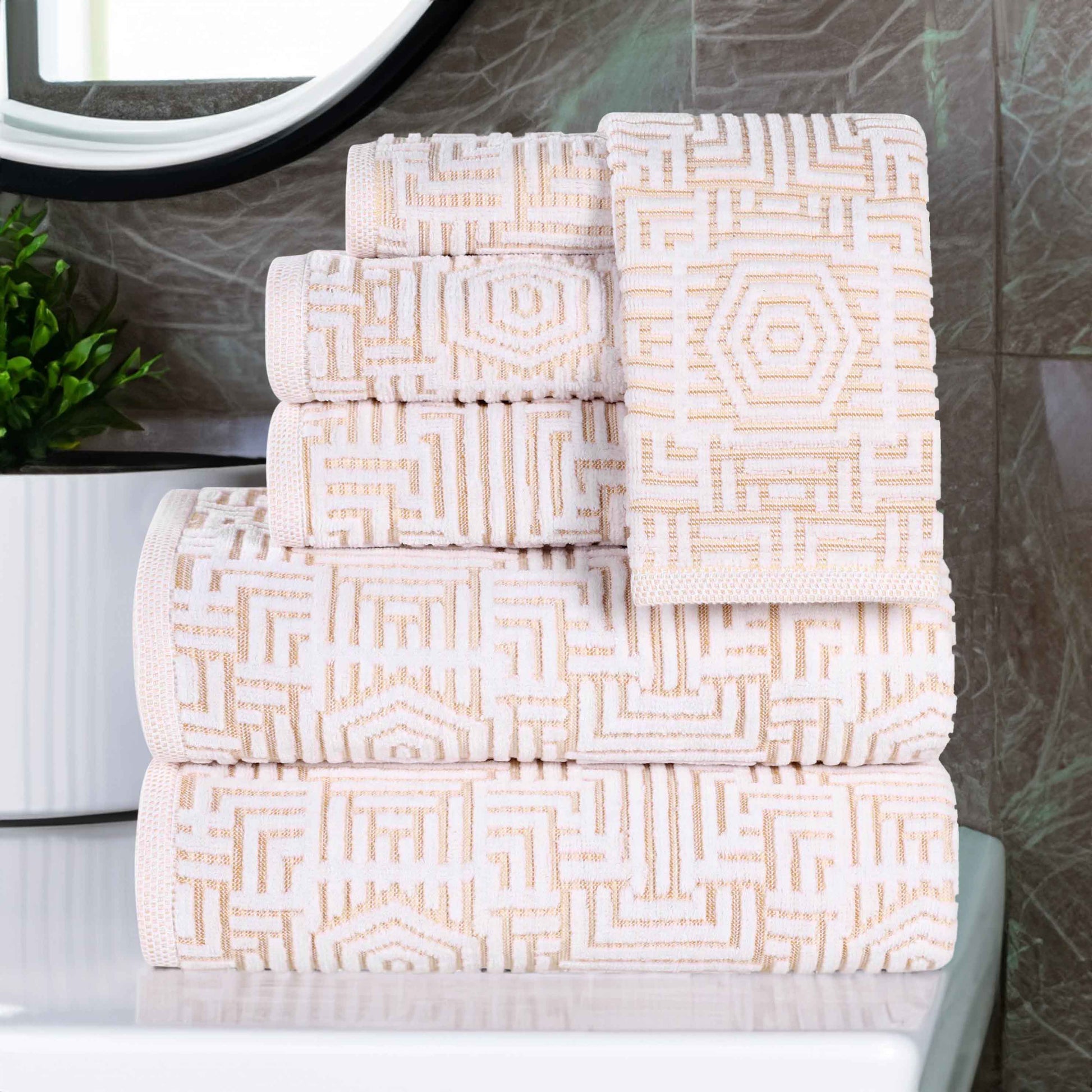 Cotton Modern Geometric Jacquard Plush Absorbent 6 Piece Towel Set - Gold