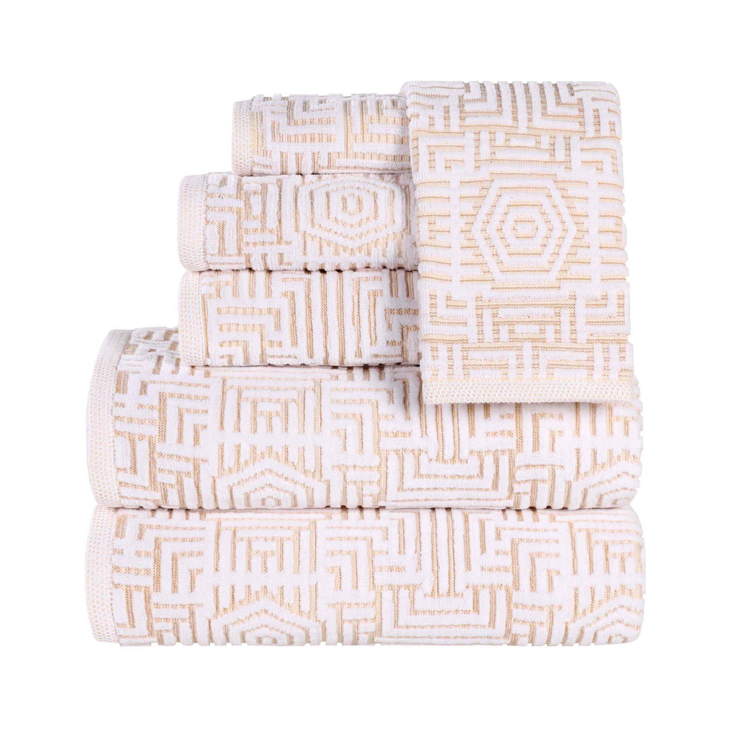 Cotton Modern Geometric Jacquard Plush Absorbent 6 Piece Towel Set - Gold