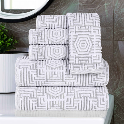 Cotton Modern Geometric Jacquard Plush Absorbent 6 Piece Towel Set - Platinum