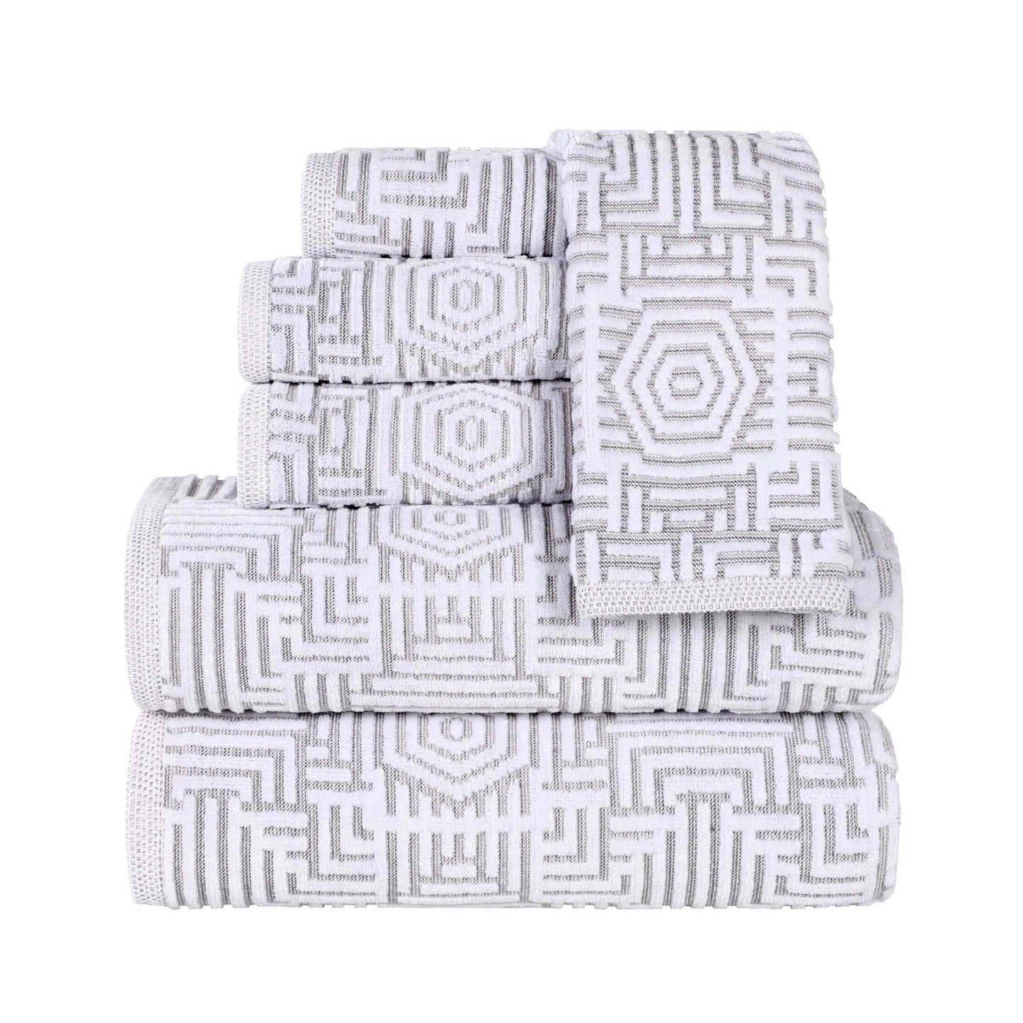 Cotton Modern Geometric Jacquard Plush Absorbent 6 Piece Towel Set - Platinum