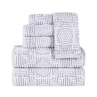 Cotton Modern Geometric Jacquard Plush Absorbent 6 Piece Towel Set - Platinum