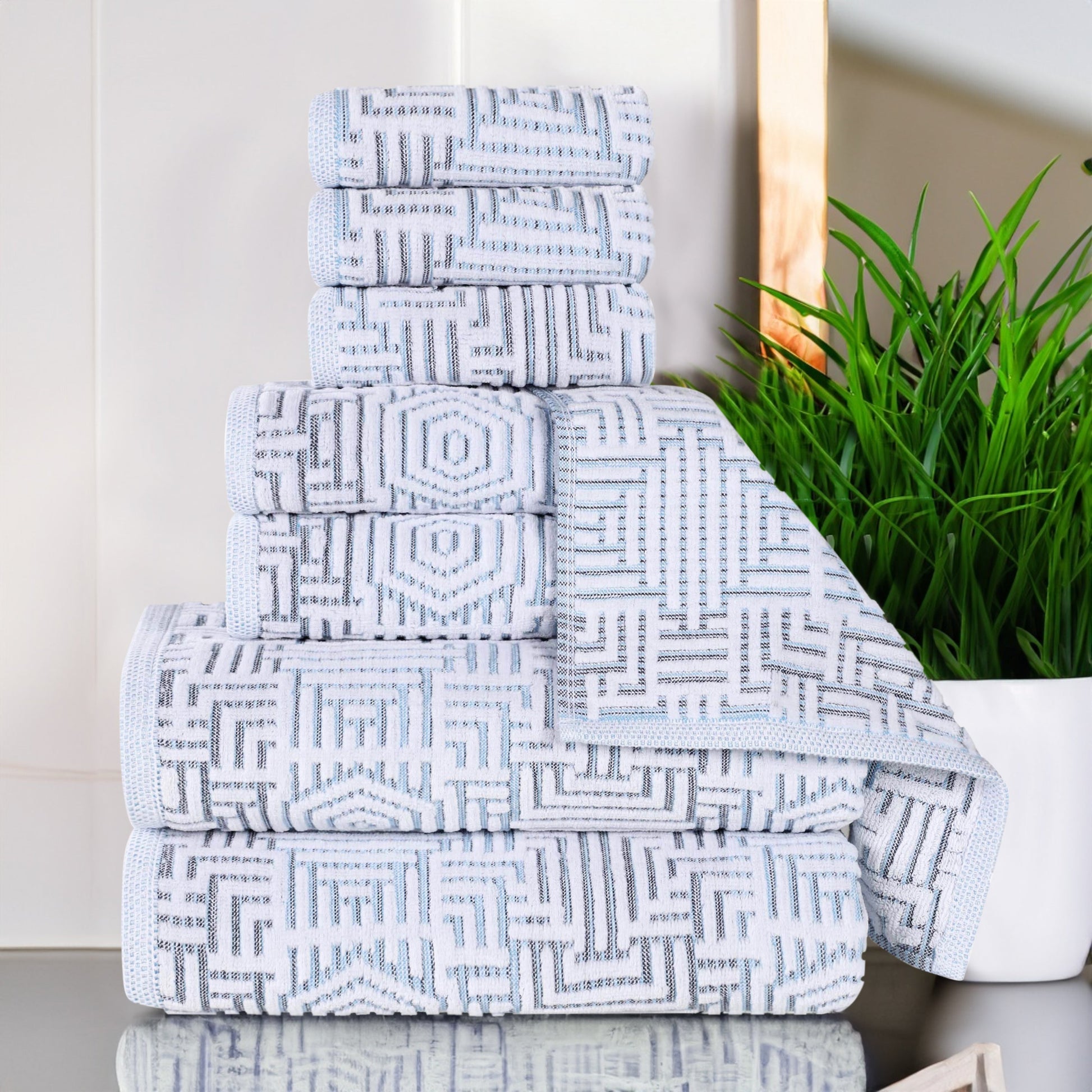 Cotton Modern Geometric Jacquard Plush Absorbent 8 Piece Towel Set - Blue