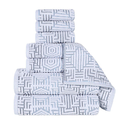 Cotton Modern Geometric Jacquard Plush Absorbent 8 Piece Towel Set - Blue