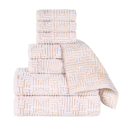 Cotton Modern Geometric Jacquard Plush Absorbent 8 Piece Towel Set - Gold