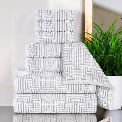 Cotton Modern Geometric Jacquard Plush Absorbent 8 Piece Towel Set - Platinum