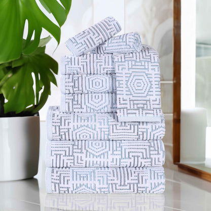 Cotton Modern Geometric Jacquard Plush Absorbent 9 Piece Towel Set - Blue