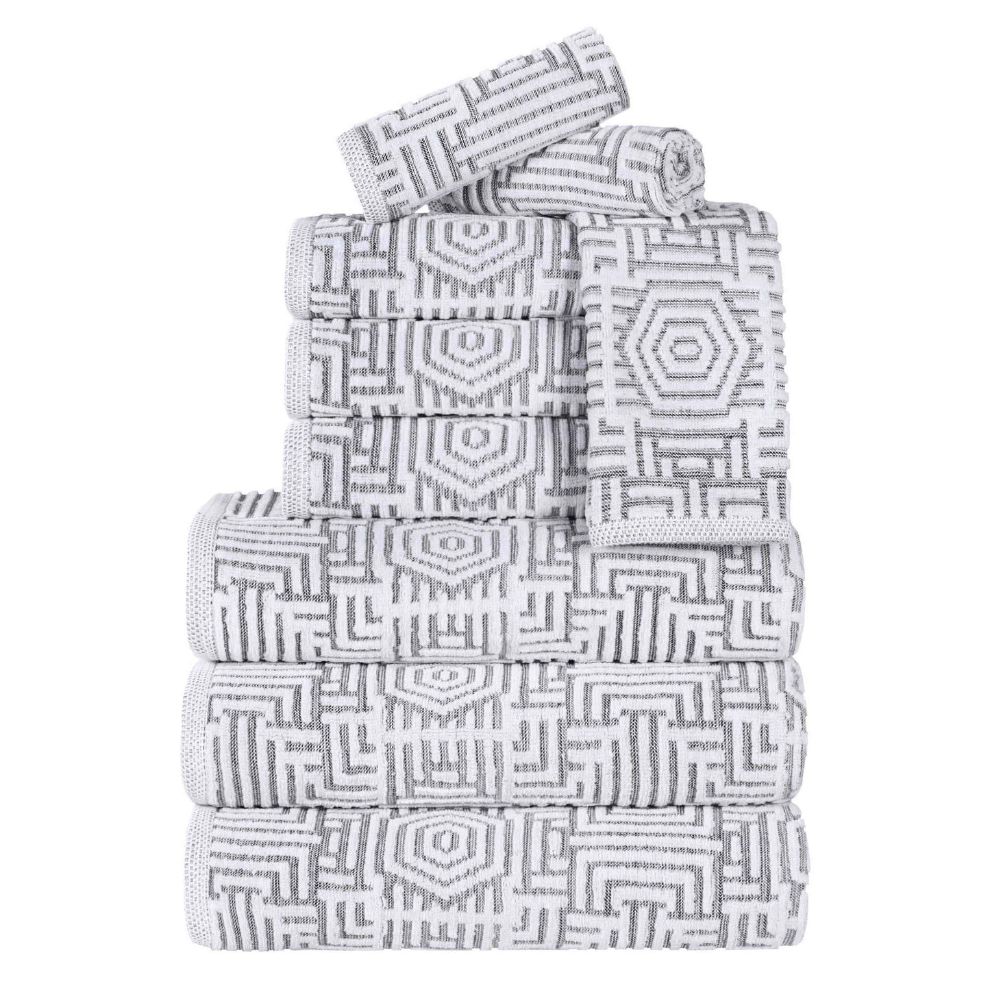 Cotton Modern Geometric Jacquard Plush Absorbent 9 Piece Towel Set - Charcoal