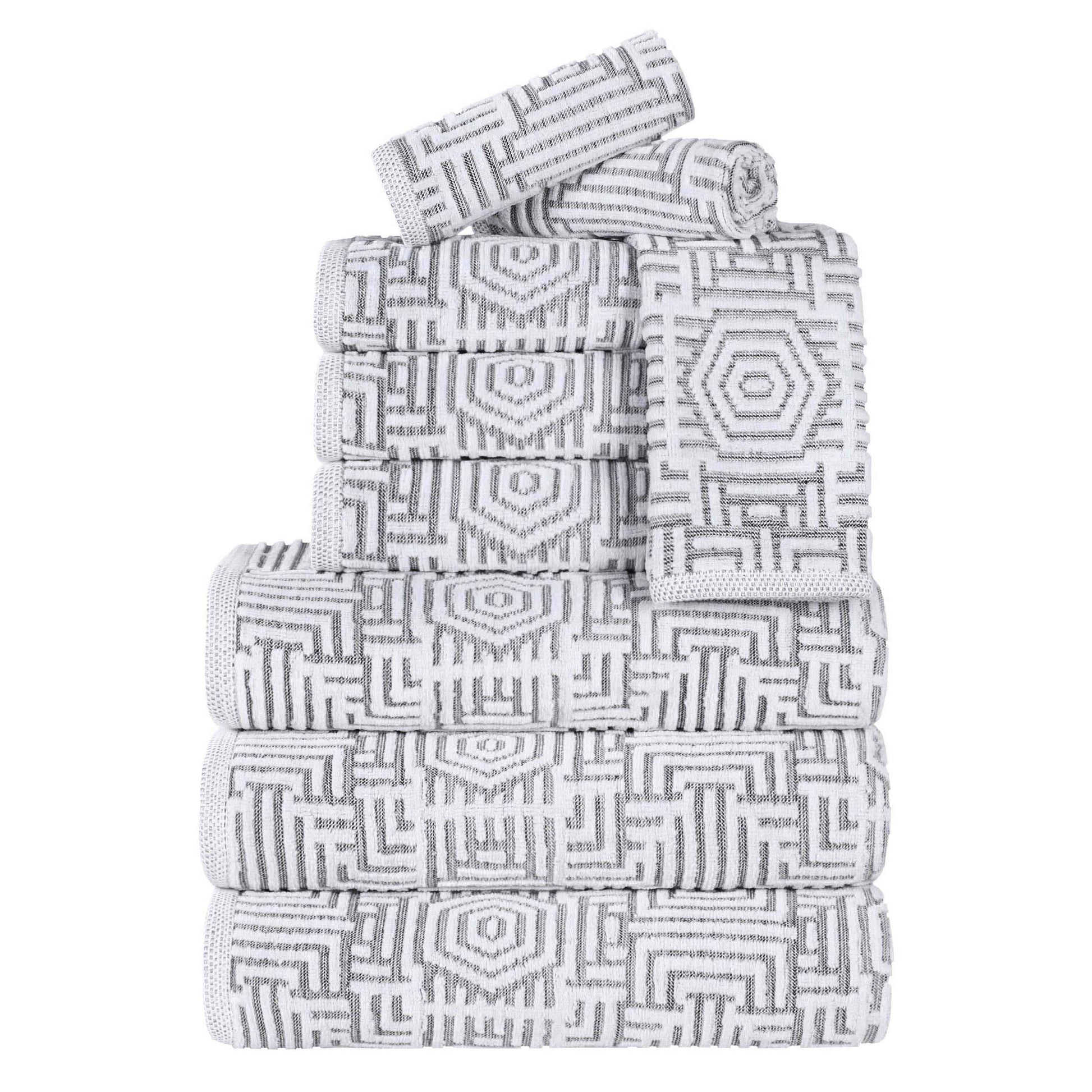 Cotton Modern Geometric Jacquard Plush Absorbent 9 Piece Towel Set - Charcoal