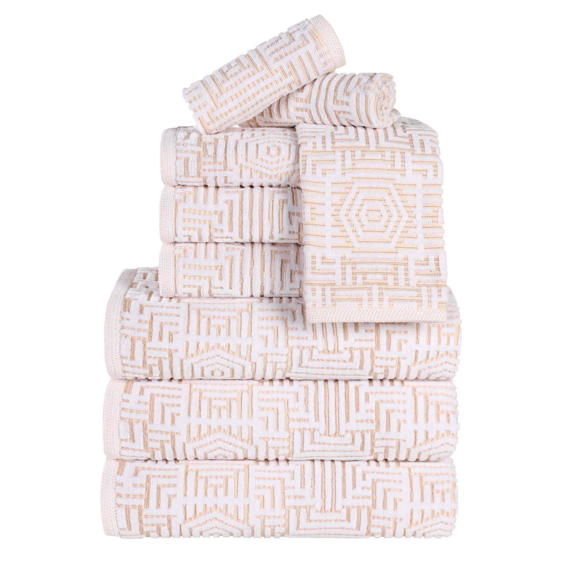 Cotton Modern Geometric Jacquard Plush Absorbent 9 Piece Towel Set - Gold