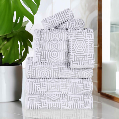 Cotton Modern Geometric Jacquard Plush Absorbent 9 Piece Towel Set - Platinum